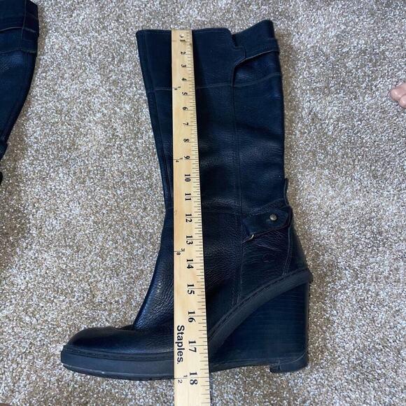 TIMBERLAND Boots Black Wedge Heel Leather knee high buckle detail SZ 9.5 - Picture 7 of 11